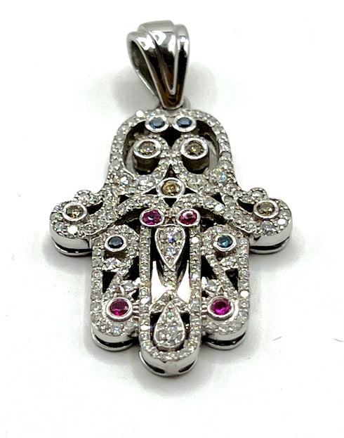 14K White Gold & Gemstones Diamond Khamsa Ornate Necklace